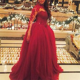 Burgundy Long Sleeves High Neck Tulle Puffy Appliques Lace Women Evening Gowns Formal Pagenat Gown For Prom Dresses
