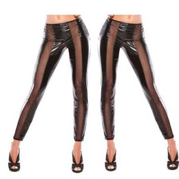 New Design Women Black Leggings Shiny Pencil Pants Mesh Patchwork Trousers Sexy Slim Nightclub Dancing Costume