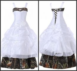 Kids Formal Wear Ball Gown White Satin Camo Flower Girls Dress Elegant Sleeveless Lace Up Back Elegant Cute Design Pick Up Custom Made