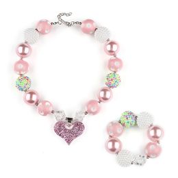 Free Shipping Hot New Girls Gilitter Heart Chunky Bubblegum Bead Necklace & Bracelet Set Fashion Jewellery Pendant HJ099