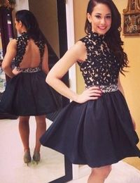 Hot Sale Backless Short Lace Prom Dress Black Colour Girls Formal Pageant Evening Cocktail Party Gown Custom Made Plus Size