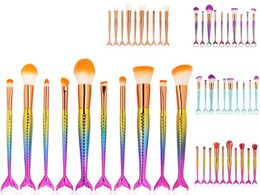 10pcs Mermaid Fish Brush Rainbow Makeup Brush Set Cream Face Power Brushes Kits Multipurpose Beauty Rainbow Cosmetic Brush Kits