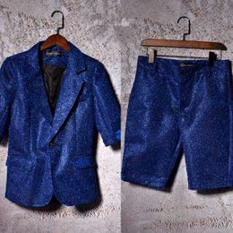 Blue male stage bar 2 pieces sets costumes half sleeves jacket pants slim tide blazer trousers suit singer dancer show nightclub dj ds prom