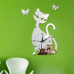 2017 new sale diy wall clock clocks home decoration mirror acrylic 3d stickers furniture quartz needle cat free shipping