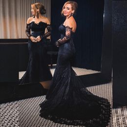 Stunning Evening Gowns Sleeves Black Lace Mermaid Prom Dress Sweetheart Off the Shoulder Arabic Evening Dresses with Train and Sash