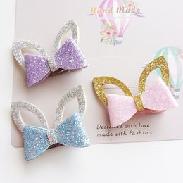 24pc/lot Glitter Felt Gold Leather Baby Girls Hair Clip Silver Rabbit Ears Hair Barrette Cute Animal Princess Hair Ties Hairband