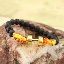 New Arrival Lava Rock Beads Bracelets with Gold dumbbell amber lampwork glass beads stretch bangle For women&men Fashion Jewelry