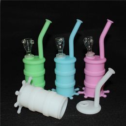 Silicone Mini Bong Water Pipe Colourful 4 Parts Solid Luminous Glow Colour glass Downstem Glass Bowl silicone Bongs Pipes Smoking oil rig