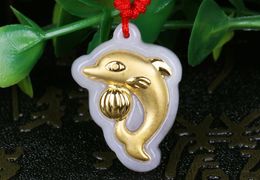 Dolphins gold inlaid jade jade pendant charm necklace pendant