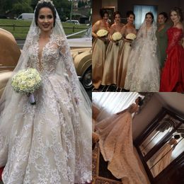 Long Sleeves Deep V Neck Lace Ball Gown Wedding Dresses With Free Veils Applique Beads Beach Wedding Dress Sweep Train Cheap Bridal Gowns