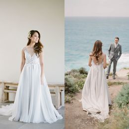 2017 Beach Wedding Dresses Cheap Sexy Sheer V Neck Illusion Back Lace Top Chiffon Split Country Bridal Gowns Custom Made EN7199