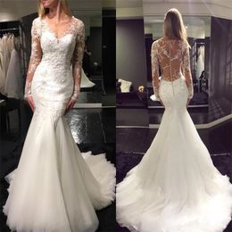 Sexy Beaded Mermaid Wedding Dresses Sheer Neck Applique Lace Tulle Court Train Backless Long Sleeves Bridal Wedding Gowns Custom Made