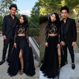 New Black Lace Long Sleeve Two Piece Prom Dresses Side Split A Line High Neck Evening Dress Simple African Formal Evening Gowns318d