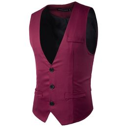 Wholesale- Men Jacket Oversized Wine Red Vests Male Formal Groom Wedding Suit Sleevelss Coat Slim Business Waistcoat Solid Vests Tops Z10