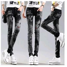 black long jeans woman casual pencil pants girl washed rhinestones hot drilling printing skinny 6115