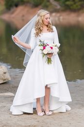 New Simple High Low Modest Wedding Dresses Sleeves Scoop Short Front Long Back Informal Country Bridal Gowns Custom Made Western