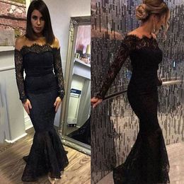 Sexy Boat Neck Black Mermaid Evening Dresses Long Sleeves Lace Appliques Sweep Train Floor Length Evening Party Dresses Evening Gowns