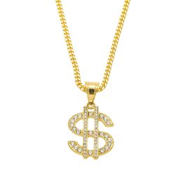 18k Gold Plated Hip Hop Bling Bling Dollar Sign Gold Chain Dollar With Rhinestone Pendant Necklace Jewelry
