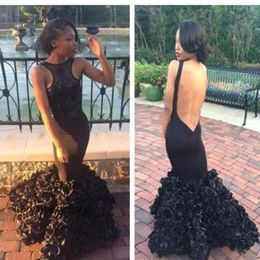 Sexy Black Girl Mermaid Prom Dress South African Sheer Neck Backless Long Graduation Evening Party Gown Custom Made Plus Size