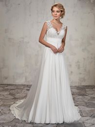 A-line wedding gown features lace top, chiffon skirt, V-neck, pleated empire waist line Bridal Gowns wedding dress