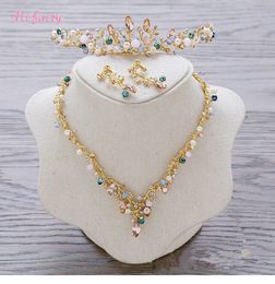 Vintage Baroque Bridal Tiaras Sets Gold Colorful Crystals Princess Headwear Stunning Wedding Tiaras Earrings 2 Pieces Sets 13.5*3.5cm H79