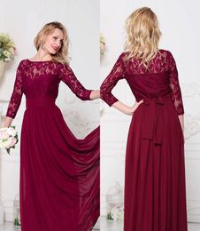 Dark Red Lace Chiffon Modest Bridesmaid Dresses Long With 34 Sleeves Sashes A-line Floor Length Country Style Brides Maid Dresses Custom