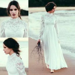 2017 Beach Wedding Dresses With Long Sleeves Cheap High Collar Lace Appliqued Chiffon Ankle Length Bridal Gowns Custom Made China EN9186