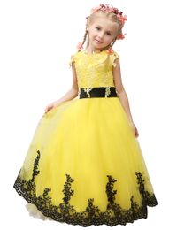 2019 Pageant Dress Little Princess Glitz Ball Gown Lace Yellow Ball Gown Cute Flower Girl Dress With Black Sash