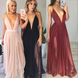 Stunning Plunge V-neck Prom Dresses Attractive Backless Criss Cross-Straps Cheap Sexy Tulle Long Club Party Dresses 2017 Latest Evening Gown