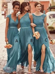 2020 New Bridesmaid Dresses Mixed Teal Jewel Neck Illusion For Weddings Lace Appliques Chiffon Split Side Long Plus Size Maid of Honour Gowns