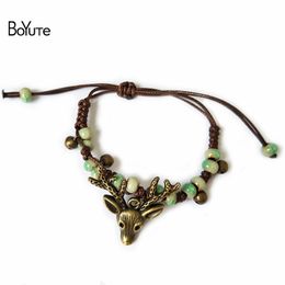 ceramic charms NZ - BoYuTe 5Pcs Ceramic Beads Hand-knitted Bracelet Vintage Style Antique Bronze Plated Deer Head Charm Bracelet Women Fashion Jewelry