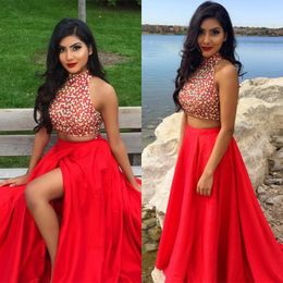 Glamorous Red Satin Prom Dress Shiny High Neck Sequins Beaded Side Split Two Piece Party Dress New Arrival Sexy Celebrity Evening Dresses