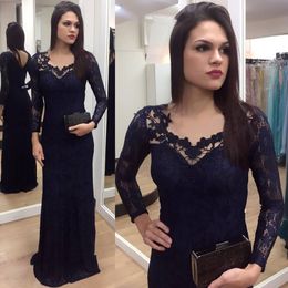 Dark Navy Lace Dresses Evening Wear Sheer V Neck Formal Dress Floor Length Sheath Vestidos Festa Long Prom Gowns