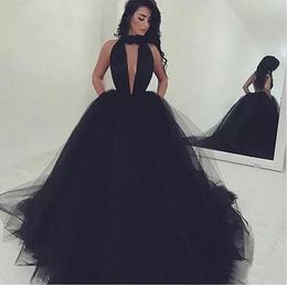 Sexy Fall 2018 Black Prom Dresses Long Halter Neckline Keyhole Front Puffy A-line Tulle Skirt Party Evening Gowns Custom Made China EN7258