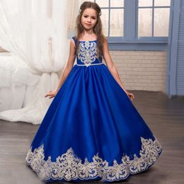 New Lovely Royal Blue Girls Pageant Dresses Princess Square Neck Satin Lace Appliques Beaded With Bow Kids Flower Girls Dress Birthday Gowns