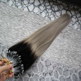 -Ombre brasileiro micro loop nano anel extensões 100g 1b / prata cinza extensões heterossexuais cabelo natural humano remy