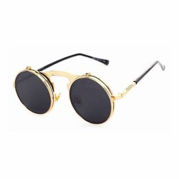 Vintage Gothic Steampunk Round Metal Frame Flip Up Sunglasses Grey 46mm Circualr Lens Unisex Glasses Eyewear