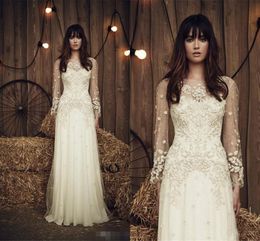 jenny packham bridal Australia - 2019 Jenny Packham Sheer Long Sleeves Ivory Wedding Dresses Illusion Boat Neck Beads Applique Chiffon Bridal Gowns Custom Made
