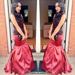 Red Mermaid Prom Dresses 2018 Black Lace Appliques Satin Evening Gowns Sexy Open Back Sleeveless Floor Length Formal Party Dress Vestidos