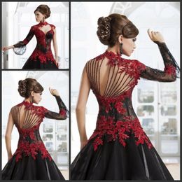 Masquerade High Neck Red Lace Gothic Wedding Dresses A Line Black Tulle Bridal Gowns Arabic Sheer Long Sleeves Quinceanera Dress1705243