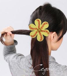 Softball Leather Seamed Softball Hair Bows With Rhinestone Hair Clip Pin Baseball Hair On Barrette