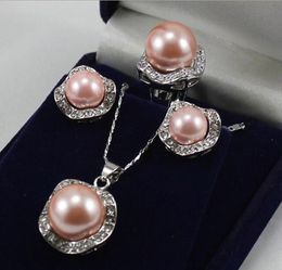 Genuine pink Shell Pearl Diamante Earrings Ring Necklace Pendant Set No box