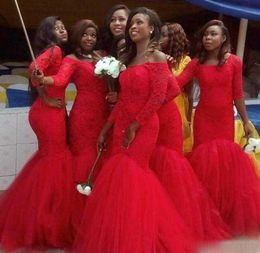 Plus Size Long Sleeve Lace Mermaid Bridesmaid Dresses Red Tulle Arabic Party Maid of Honour Evening Gowns For Wedding Guest 2017