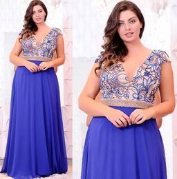 Attractive Embroidery Plus Size Evening Dresses With Cap Sleeves V Neck Beaded Chiffon Prom Gowns A-Line Floor Length Long Formal Dress