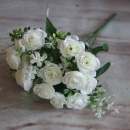 Wholesale- Pretty Charming Delightful 15 Buds 1 Bouquet Mini Rose Artificial Silk Flower Decoration Bridal Decal Home Wedding Decor