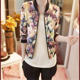 Wholesale- 2017 Fashion Spring Autumn Women Jackets Flower Print Coats Zipper Thin Bomber Jacket Long Sleeve Coat Outwear Female Blusas