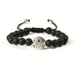 New Religious Jewelry Wholesale 8mm Matte Agate Stone Antique Silver Micro Pave Cz Beads Round Hamsa Fatima Hand Bracelet