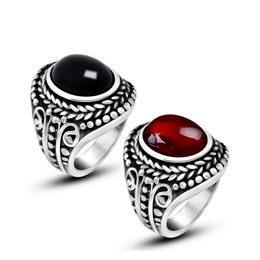 Vintage Design Mens Titanium Steel Ring Red Black Agate Rings Antique Silver Gemstone Jewellery Party Gifts 8-12 Sizes