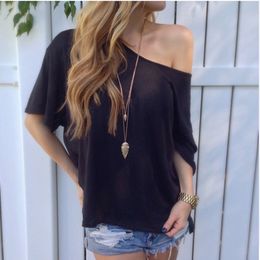 Wholesale- Solid Cotton One-shoulder Casual T-Shirt Short Batwing Sleeve T-Shirt Sexy Loose Tee Summer Short-sleeved Tops