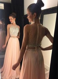 Blush Pink Two Pieces Prom Dresses Jewel Neck Chiffon Beading Crystal Long Evening Gown Fashion Illusion Back Special Occasion Dresses